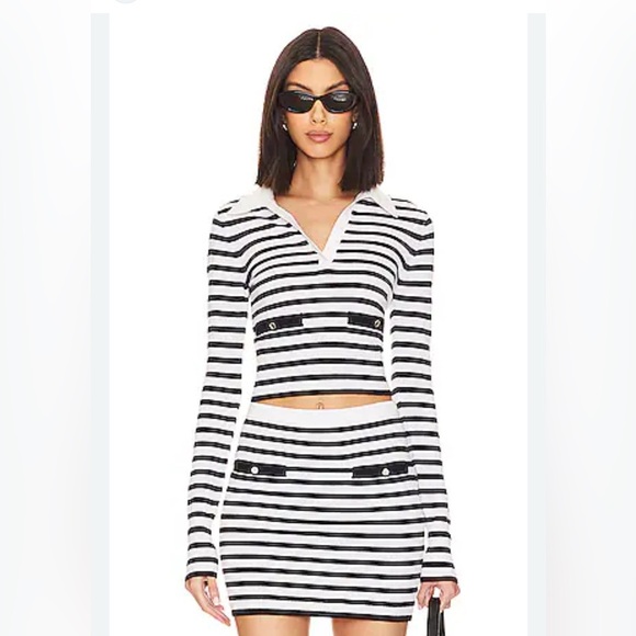 Lovers + Friends Black and White Striped Long Sleeve Top and Skirt Set - Picture 1 of 9